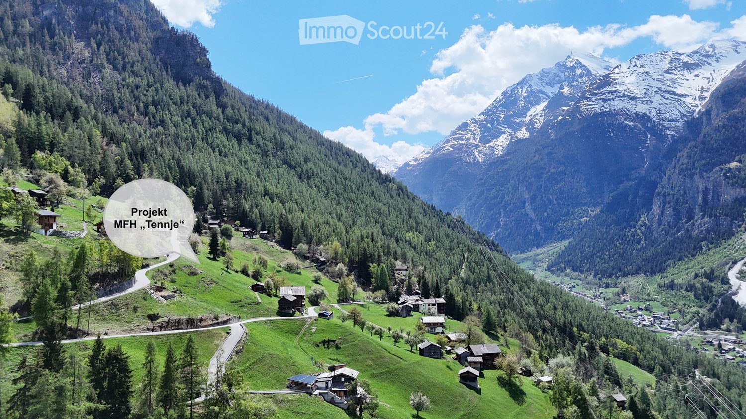 A scenic mountain valley with scattered houses, lush green forests, and snow-capped peaks in the background.