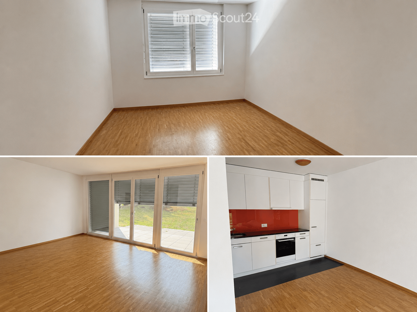 Empty room with wooden flooring and white walls, featuring a large window with blinds and a sliding glass door leading to an outdoor area.