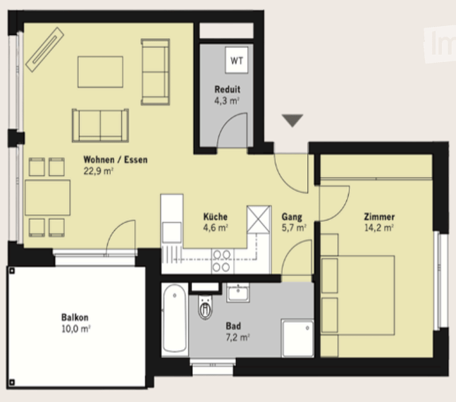 Floor plan of a 4-room apartment with living/dining area, kitchen, bedroom, bathroom, and balcony.