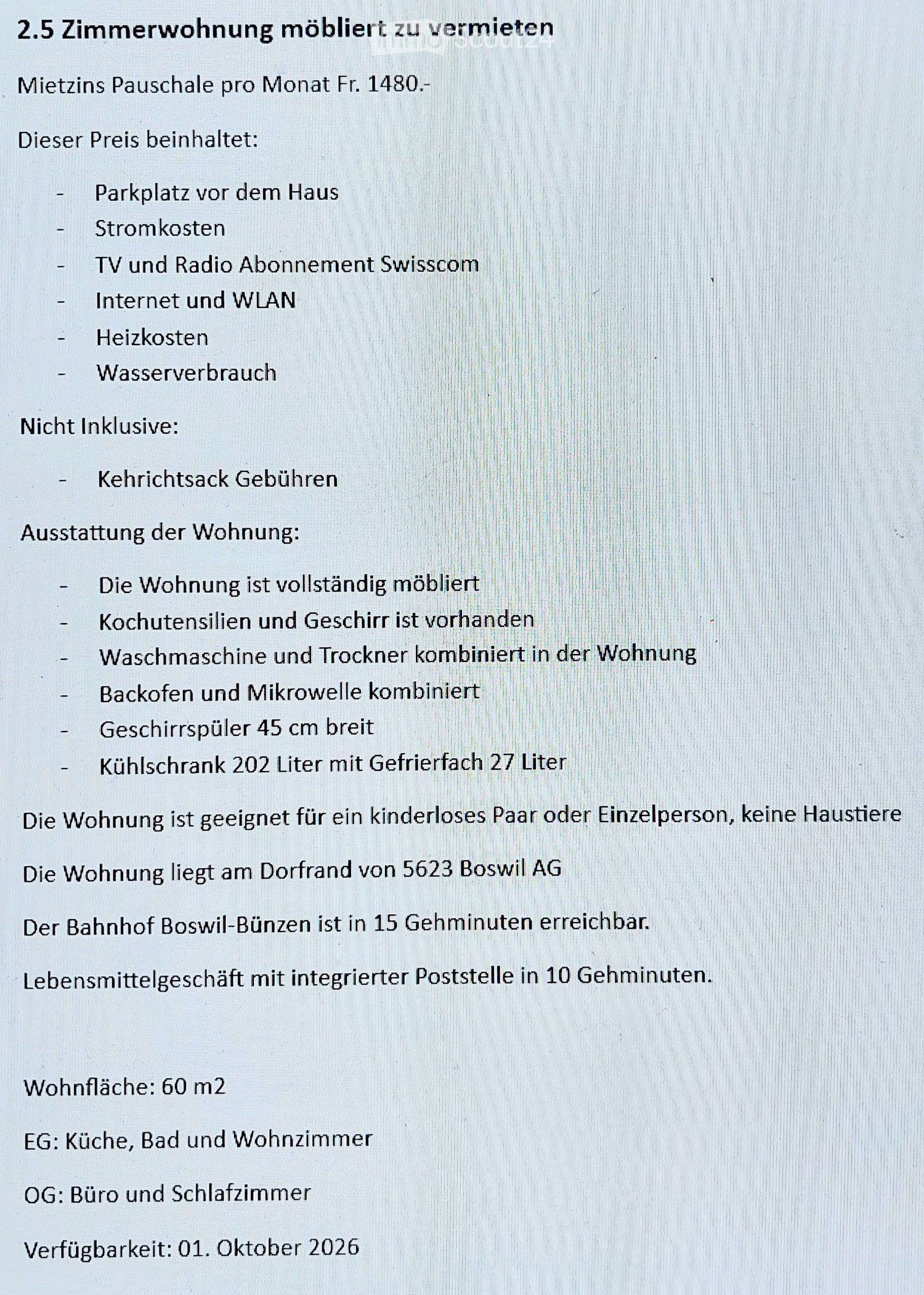 Floor plan of a 2.5-room furnished apartment with kitchen, bathroom, living room, office, and bedroom. Includes appliances: washing machine, dryer, oven, microwave, dishwasher, refrigerator. Located in Boswil AG, 60 m² total area.