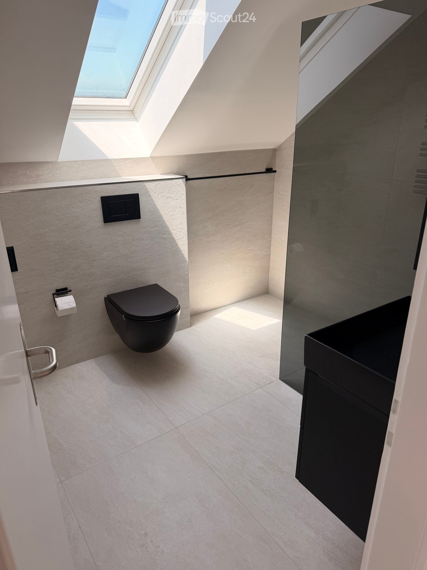 Modern bathroom with a sleek black toilet, a black sink, and a large skylight providing natural light.