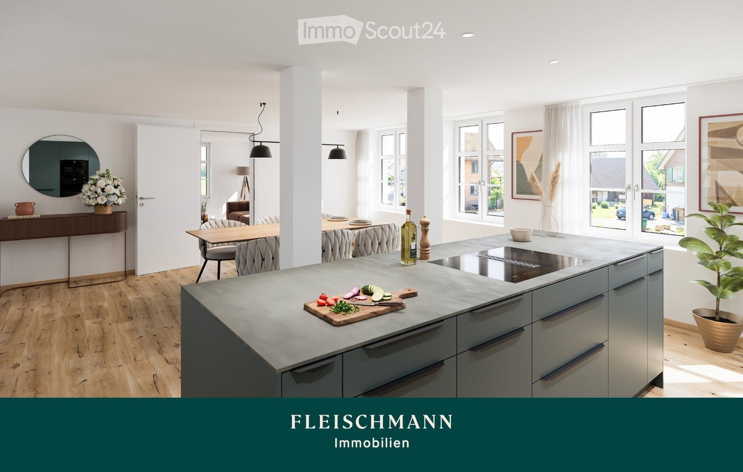 Modern kitchen with island, grey cabinets, wooden floor, large windows, and dining area with chairs and table.