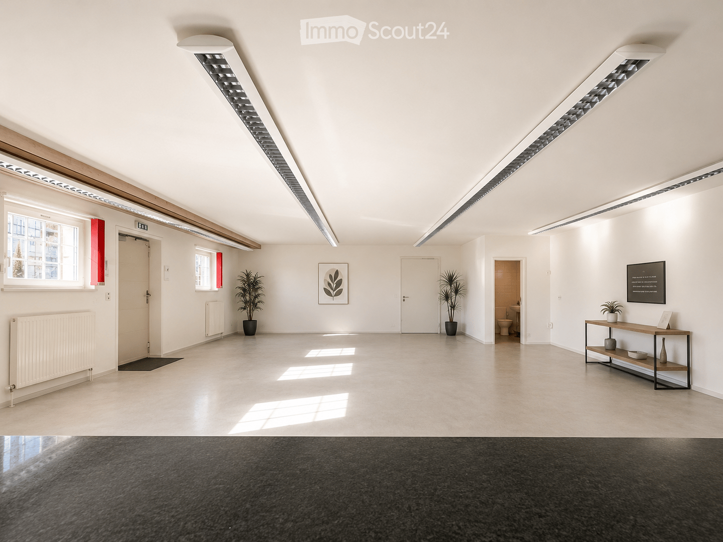 Bright, open room with white walls, large windows, skylights, and a mix of modern and minimalist furniture including a table, potted plants, and a screen.