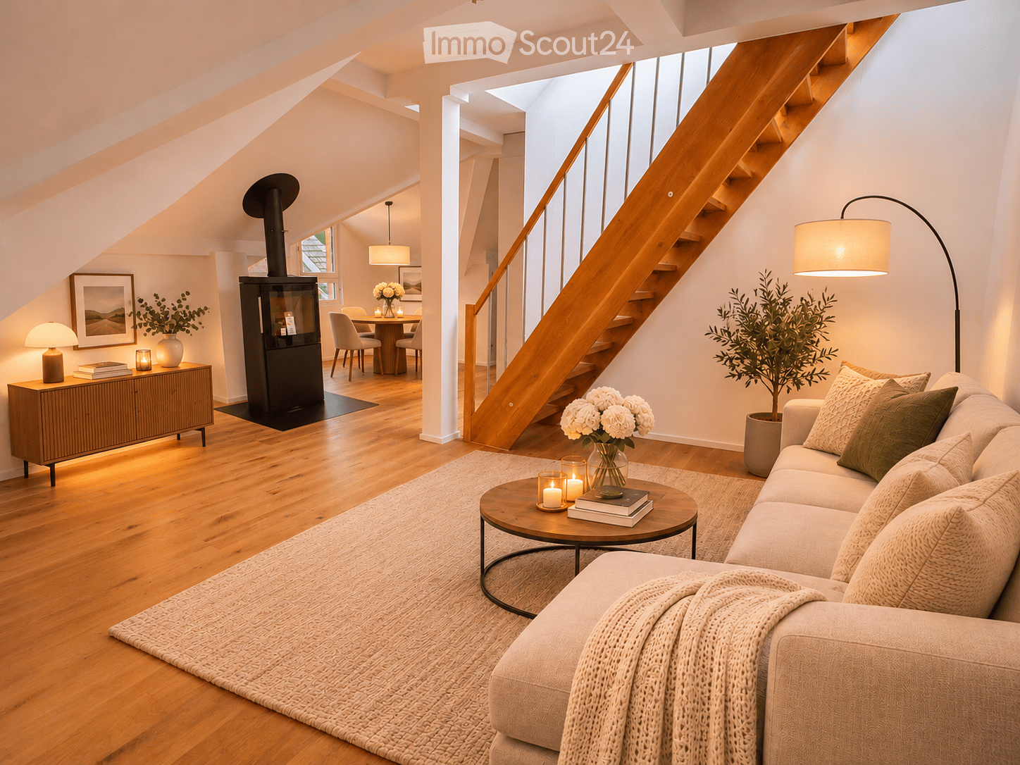 Modern living room with a fireplace, wooden staircase, and cozy seating area. Features include a sofa, coffee table, floor lamp, side table, dining area, and decorative plants.