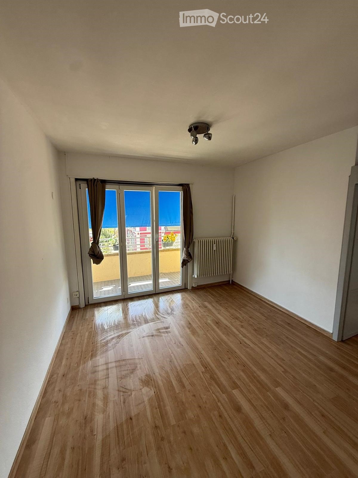 Empty room with wooden flooring, white walls, and a large sliding glass door leading to a balcony. The room has a ceiling light fixture and a radiator on one wall.
