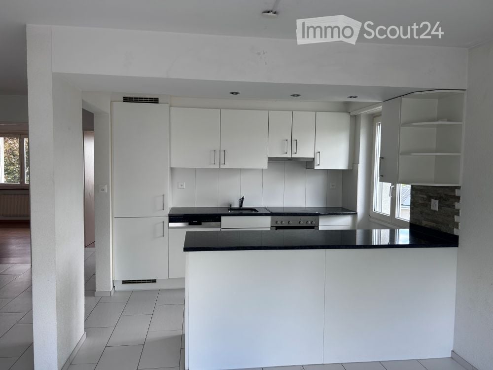 Modern kitchen with white cabinets, black countertop, and stainless steel appliances.