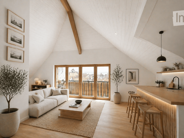 Bright, open-plan living and dining area with exposed wooden beams, large windows, and a balcony. Features a white sofa, wooden coffee table, bar counter with stools, pendant light, and decorative plants.