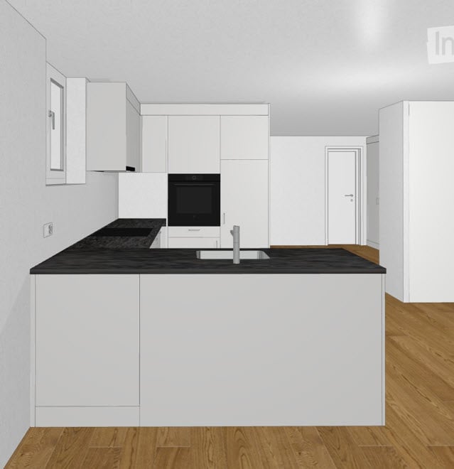 kitchen with island, black countertop, white cabinets, sink, oven, dishwasher