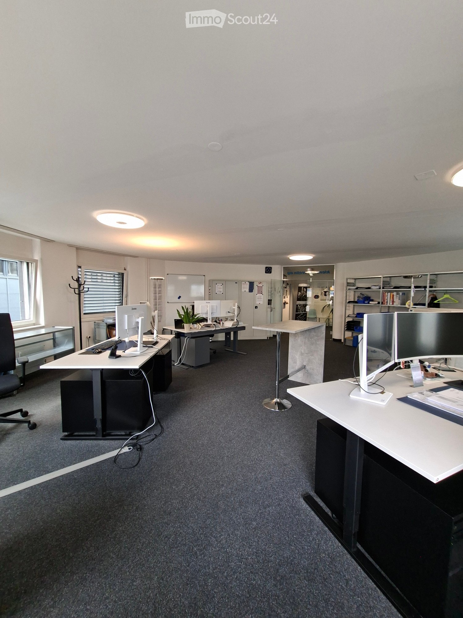 Office space with multiple desks, chairs, computer screens, keyboards, and a potted plant. Shelving units and cabinets are visible in the background.