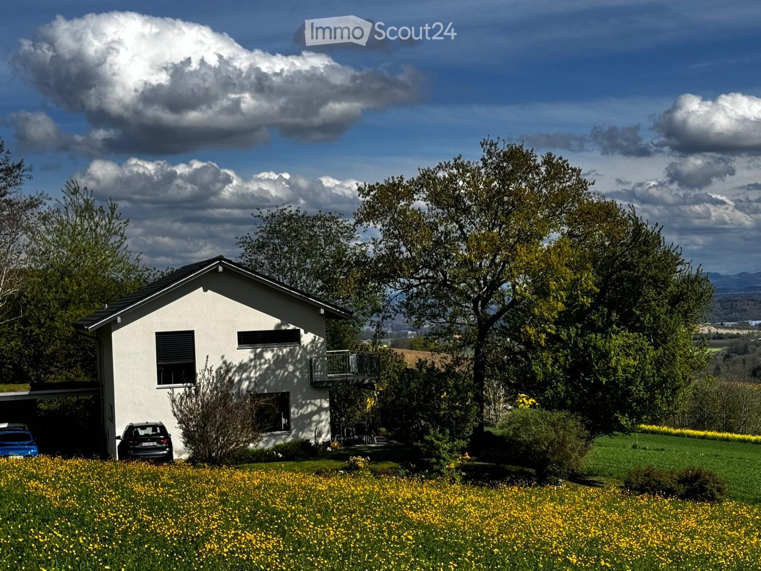 Single-story white house with a black roof, large windows, and a small balcony. The house is surrounded by trees and a field of yellow flowers, with a clear view of the landscape and mountains in the background.