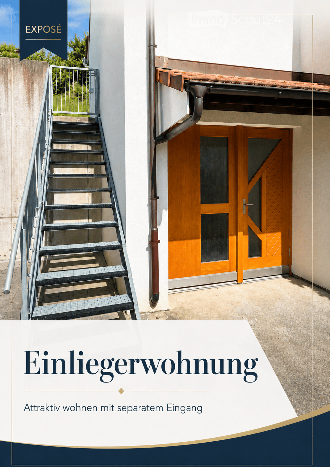 Exterior view of a building with a raised ground floor, featuring a metal staircase leading to an upper level and a wooden door with glass panels.