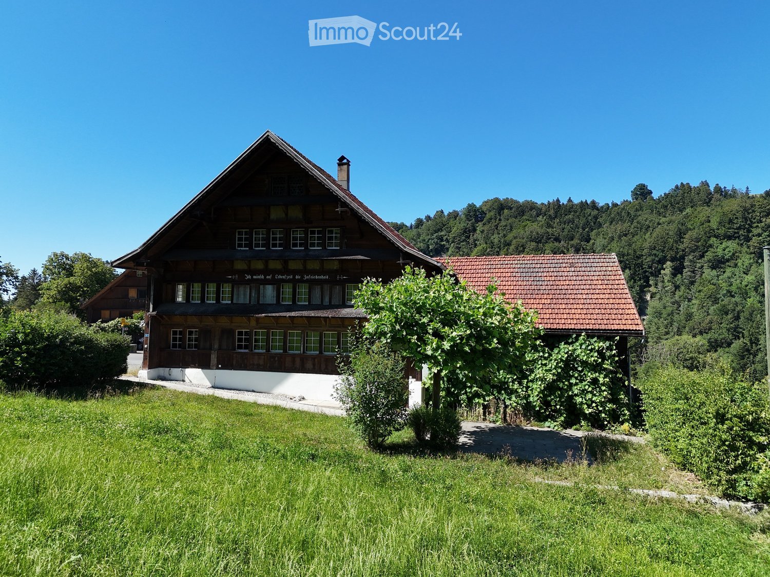 Traditional wooden house with a steeply pitched roof, surrounded by greenery and a small garden area.