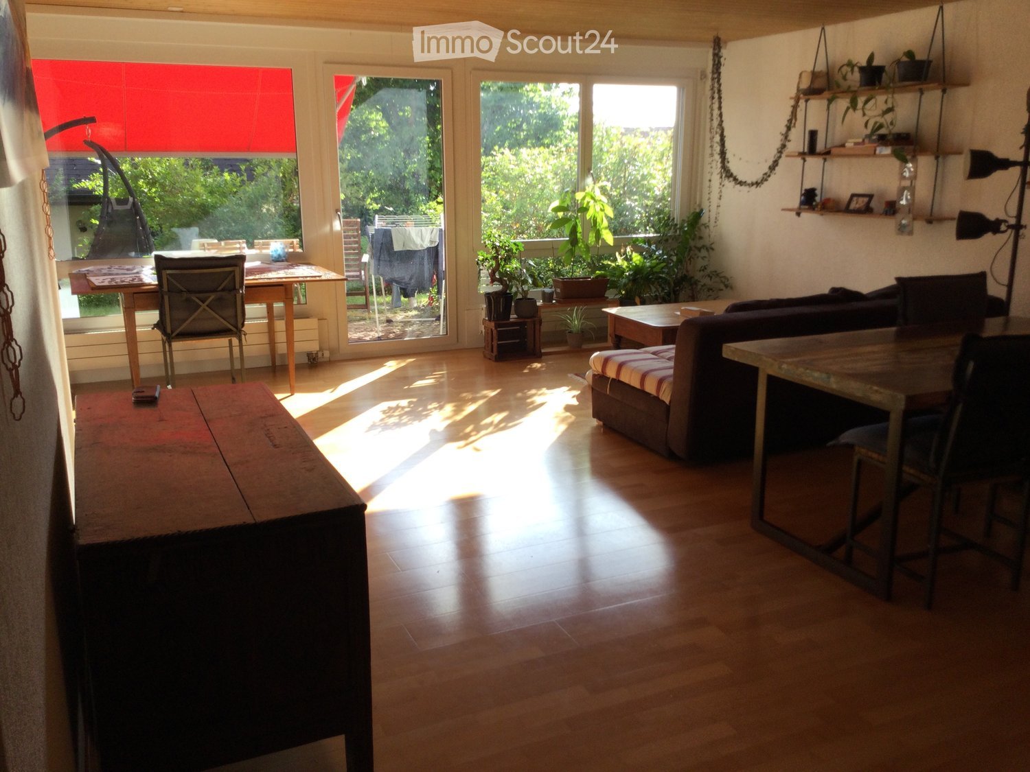 Bright living room with wooden flooring, large windows, a sofa, dining table, chairs, shelves with plants, and a view of the garden.