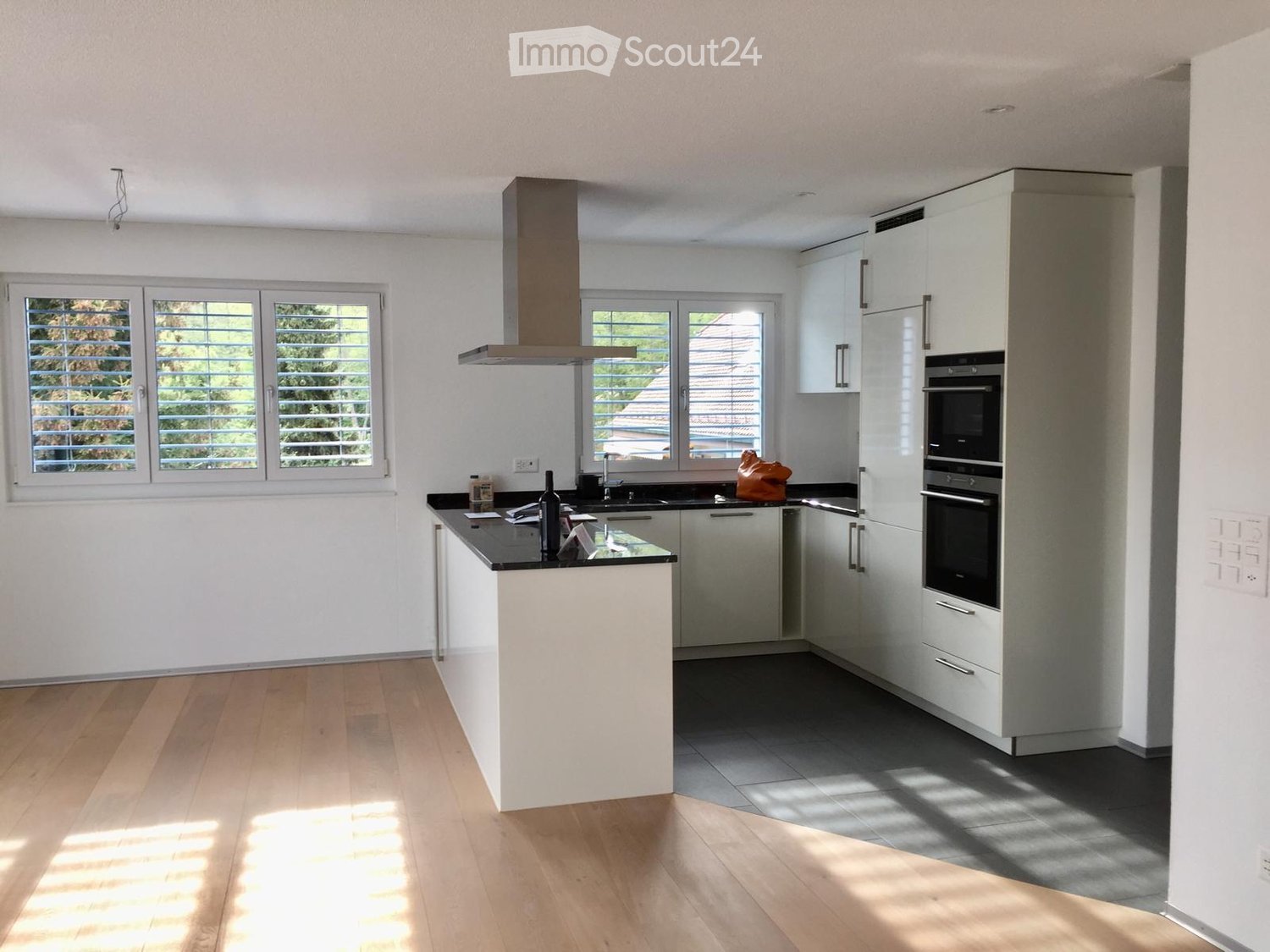 Modern kitchen with white cabinets, stainless steel appliances, island, and large windows.