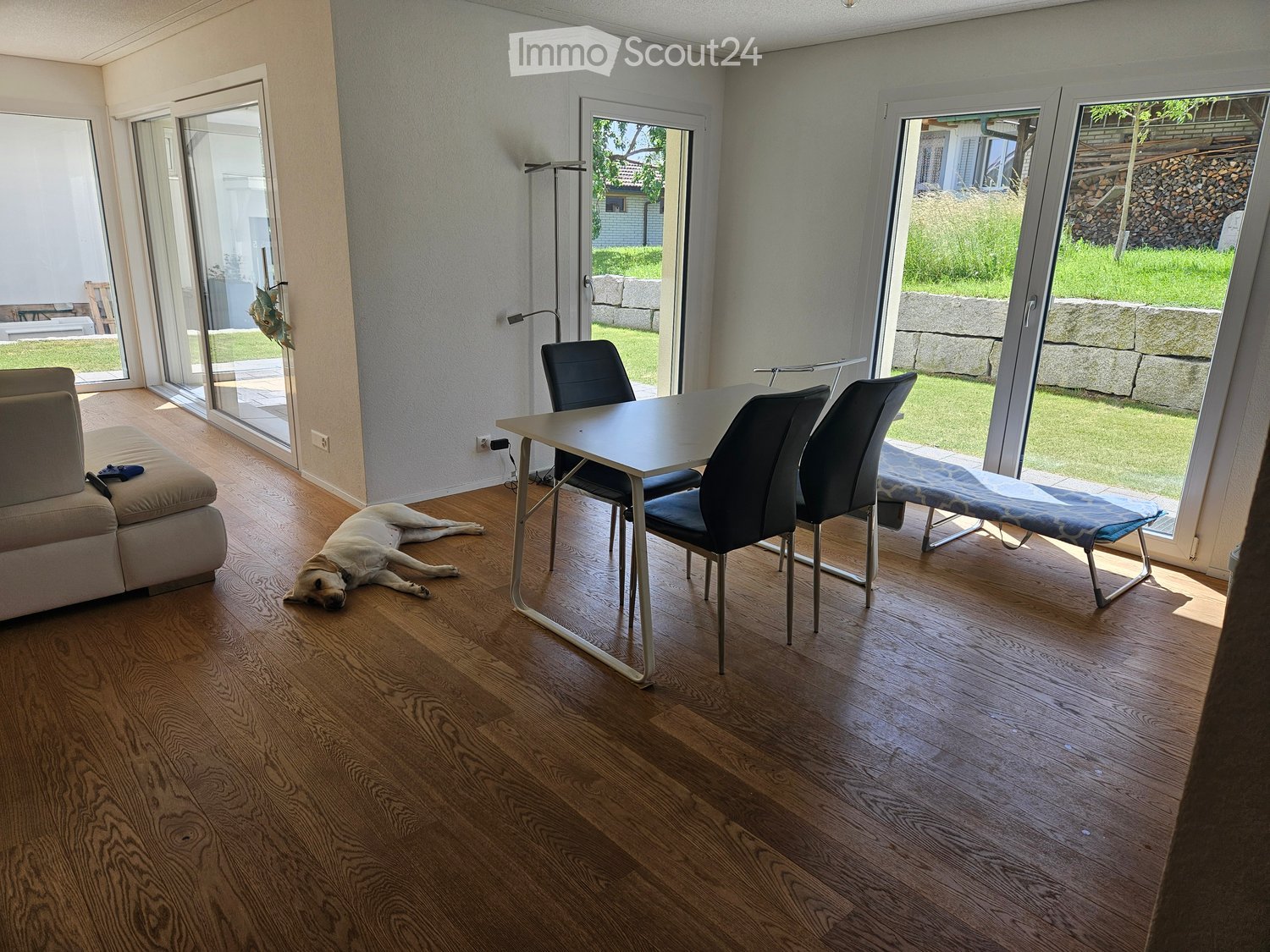 Bright living room with wooden flooring, large sliding glass doors leading to a garden, a sofa, a dining table with chairs, and a relaxed dog lying on the floor.