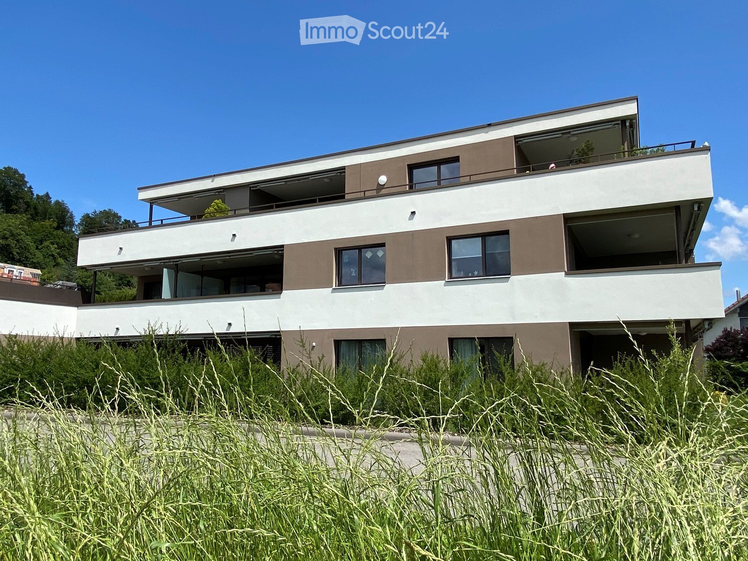 Modern two-story house with white and brown facade, large windows, and balconies.