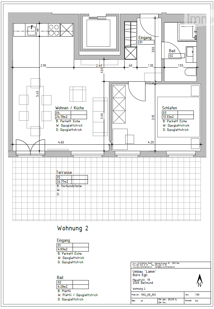 Floor plan of Apartment 2 showing entrance, living/kitchen area, bedroom, bathroom, and terrace.