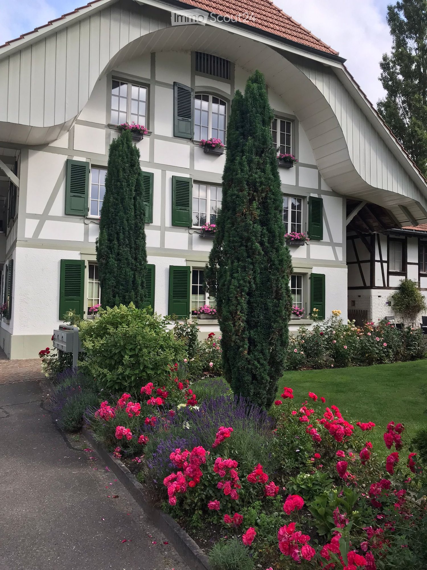 Two-story house with white and grey exterior, green shutters, and a well-maintained garden with red and pink flowers, shrubs, and tall coniferous trees.