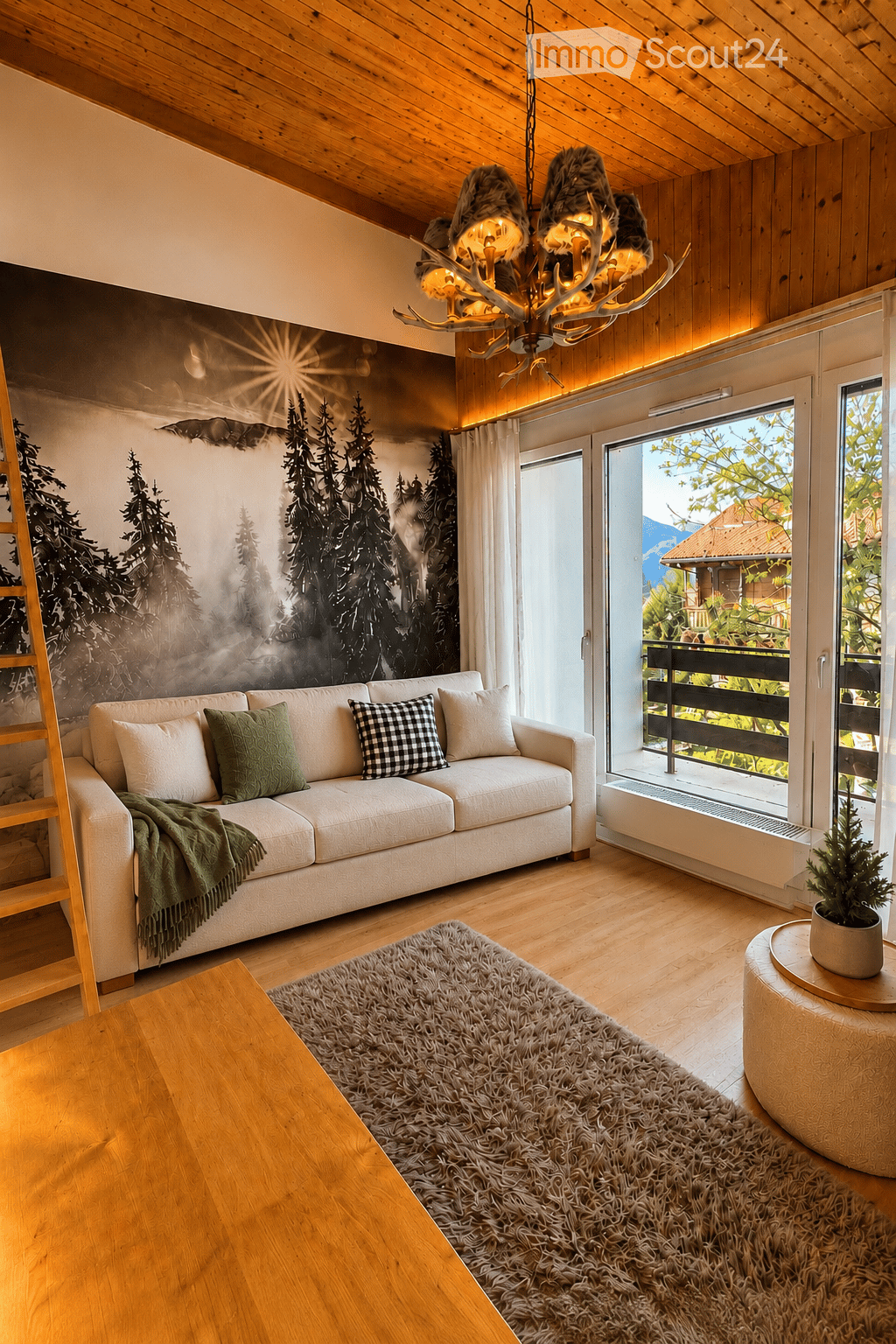 Modern living room with wooden ceiling and floors, large window with balcony access, white sofa with decorative pillows, shaggy rug, and a chandelier with antler design.