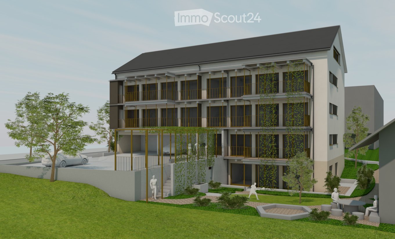 Modern multi-story residential building with balconies, greenery, and a landscaped garden area.