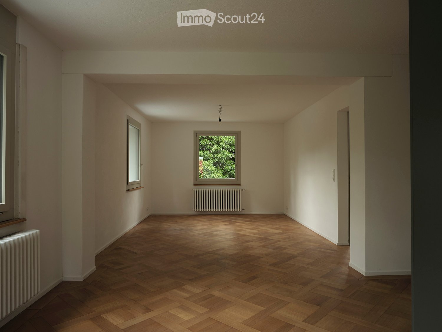 Empty room with wooden herringbone flooring, light-colored walls, and two windows with radiators beneath them.