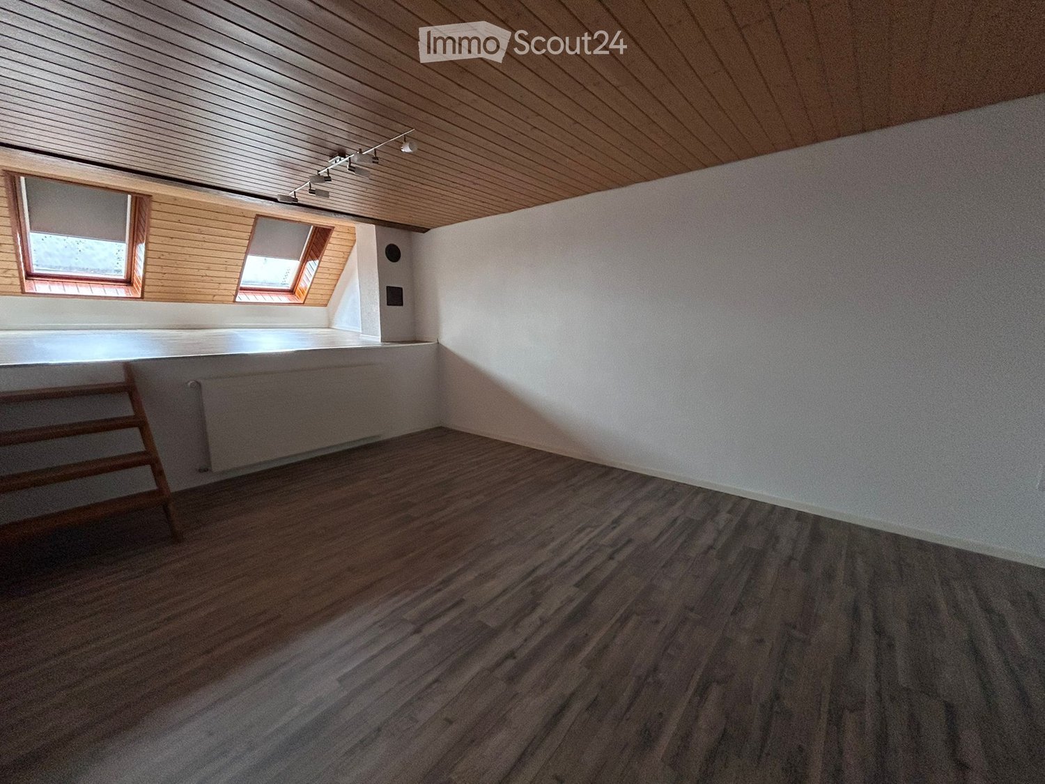 Empty room with wooden flooring, white walls, and wooden ceiling. Features two windows, one with a skylight, and a radiator on the wall.