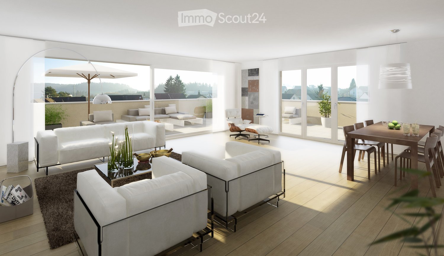 Modern living and dining area with white sofas, a coffee table, a dining table with chairs, and large windows overlooking a balcony with outdoor seating.