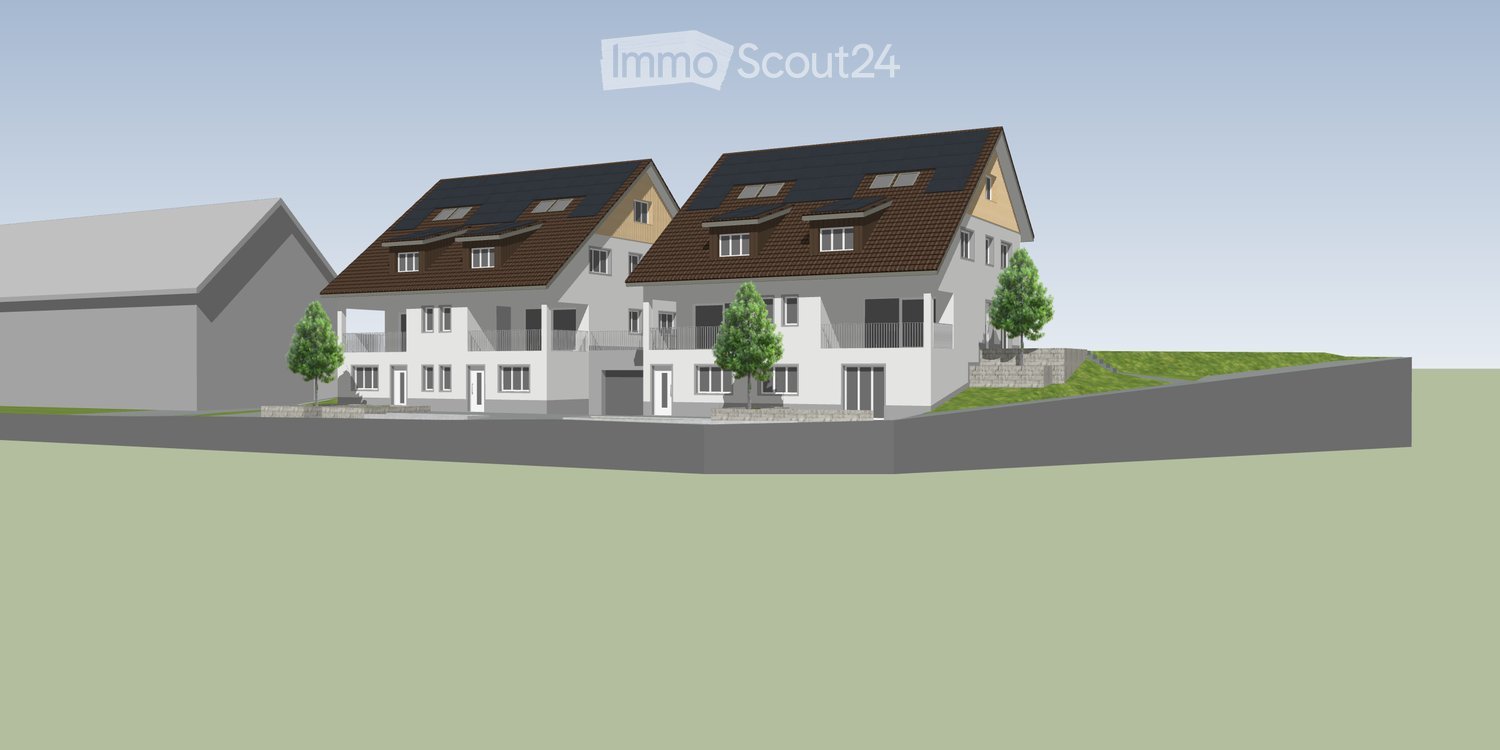 3D rendering of a modern residential complex with two-story houses, solar panels on roofs, balconies, and small landscaped gardens.