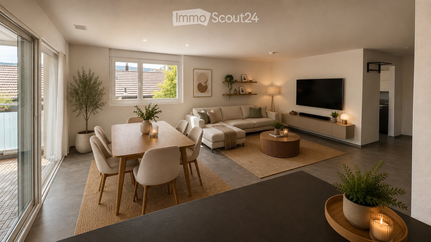 Modern living and dining area with a large window, a grey sectional sofa, a round coffee table, a dining table with chairs, a television, and decorative plants.