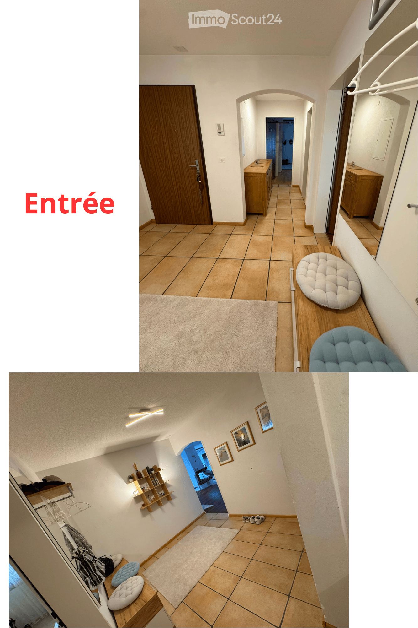 Entrance hallway with tiled floor, wooden door, small bench with two chairs, coat rack, and shelves with items.
