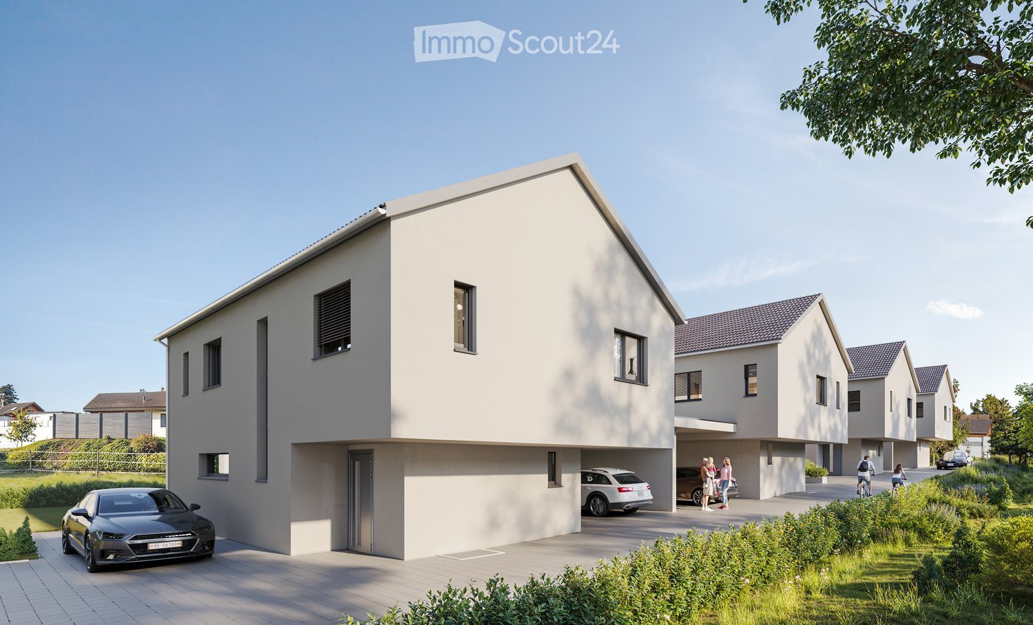 Modern two-story house with a flat roof and garage, surrounded by greenery and parked cars.