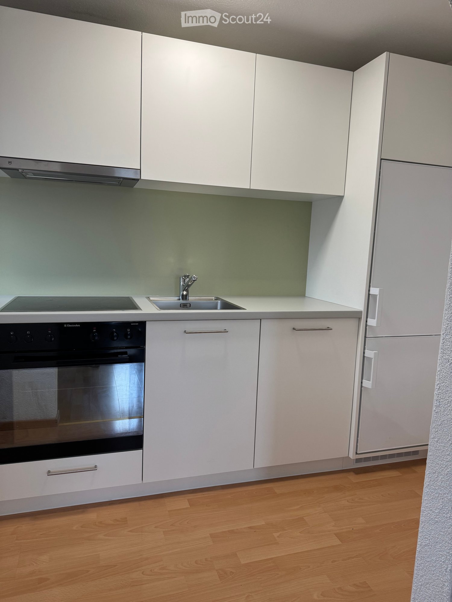 Modern kitchen with white cabinets, stainless steel appliances, and a wooden floor.