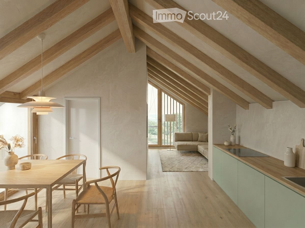 Open-plan living and dining area with exposed wooden beams, modern furniture, and large windows letting in natural light.
