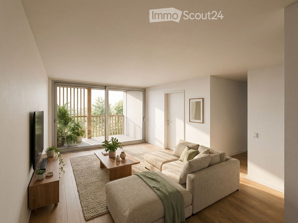 Bright living room with large sliding glass doors leading to a balcony, a sectional sofa, coffee table, ottoman, side table, television, and potted plants.