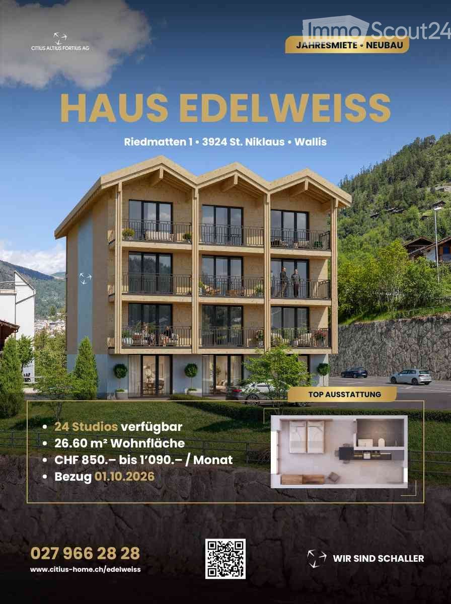Modern multi-story building with balconies, large windows, and a contemporary design, surrounded by greenery and mountains.