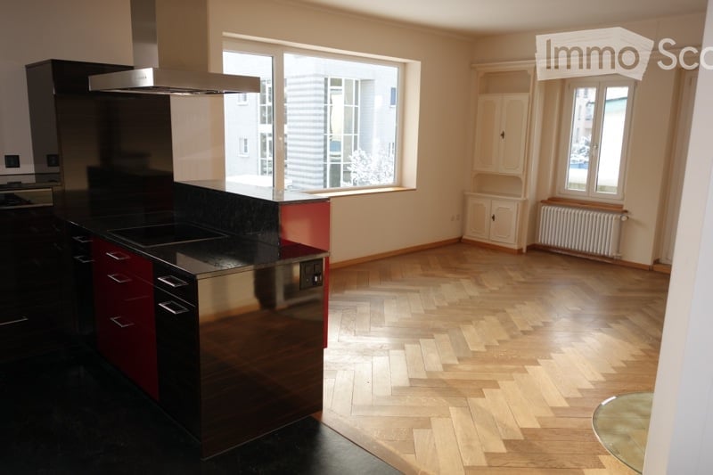 Black and red cabinets, stainless steel appliances, black granite countertops, herringbone wood floors, large window, radiator