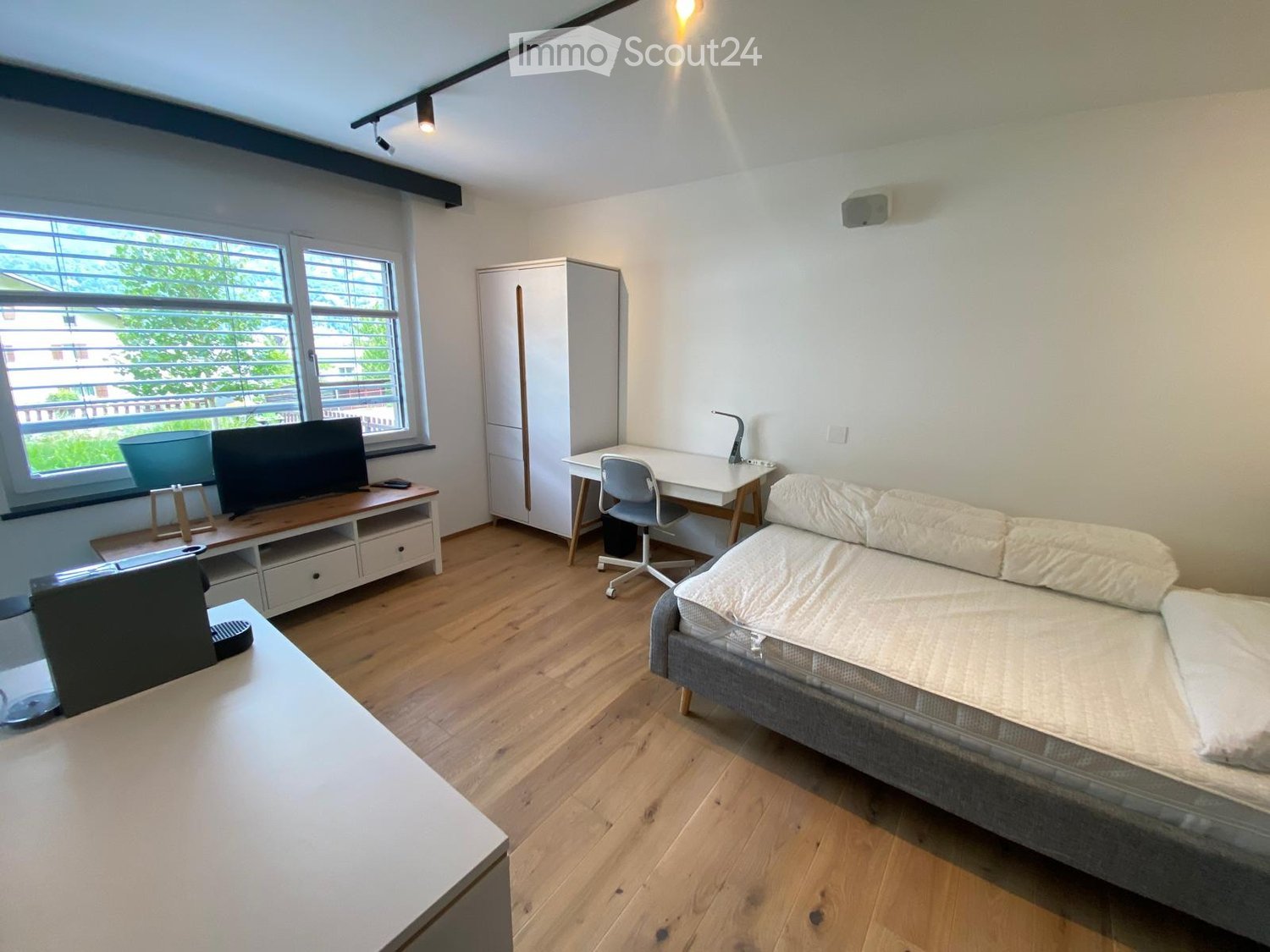 A modern, multi-functional room with a sofa, a desk, a television, and a cabinet, featuring wooden flooring and large windows with blinds.