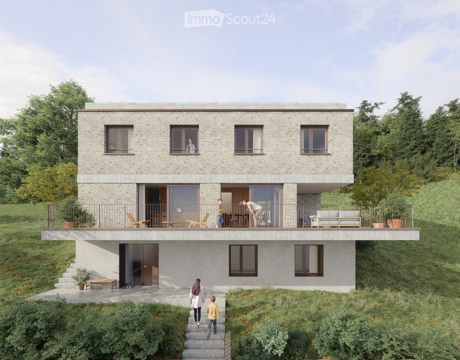 Modern two-story house with a raised ground floor, brick facade, large windows, and a spacious balcony with outdoor furniture.