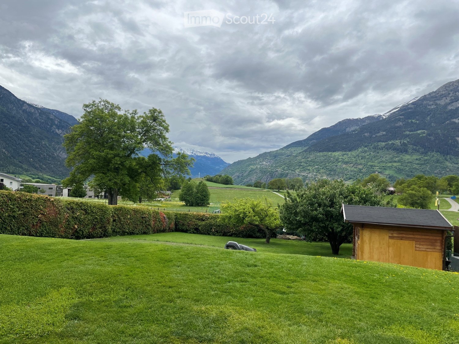 Lush green lawn with trees, a wooden shed, and a car partially visible, surrounded by mountains and a hedge.