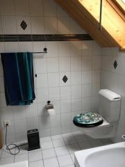 Bathroom with white tiled walls and floor, a toilet, a bathtub, and a towel hanging on the wall.