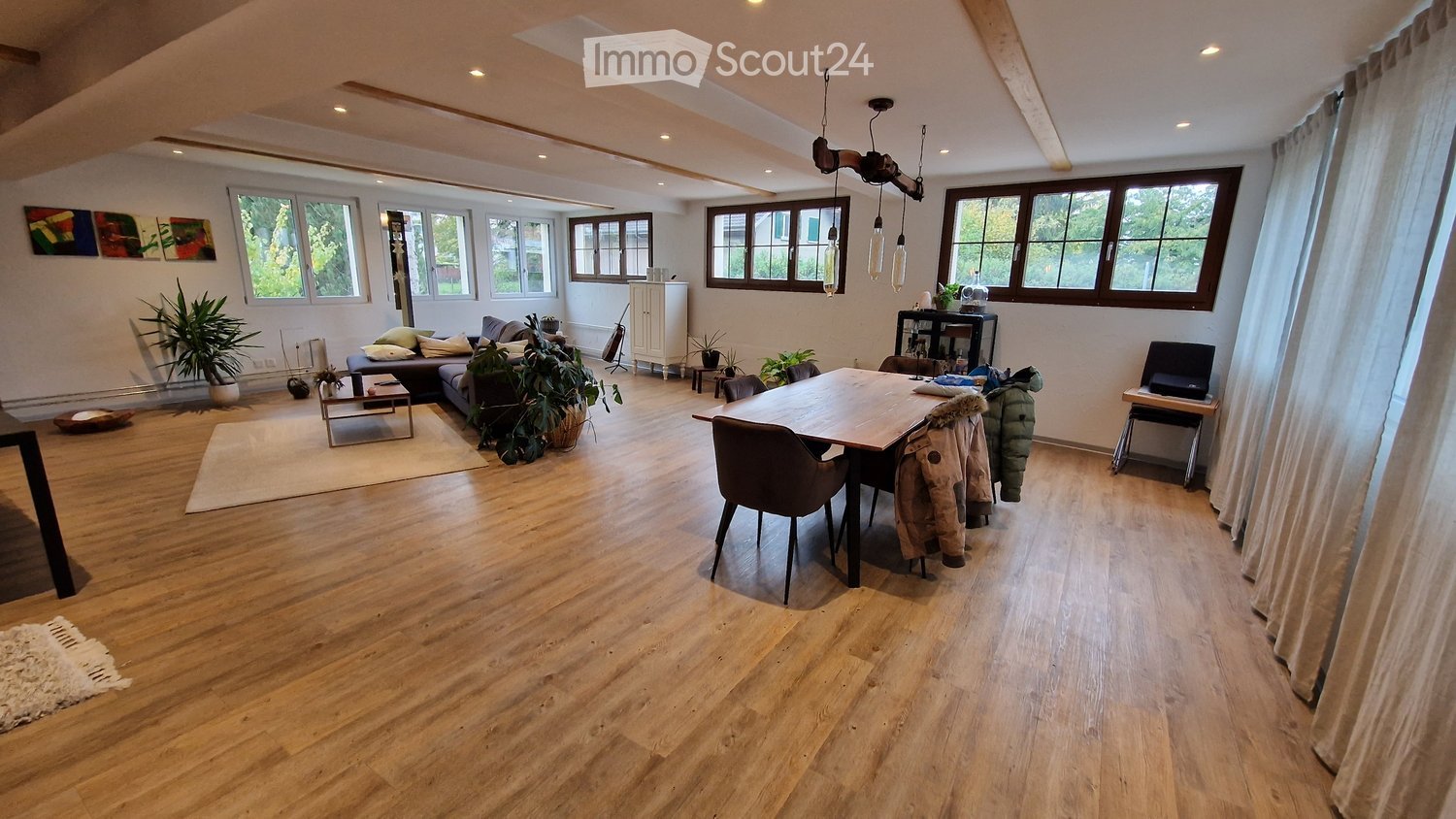 open space with living room and dining area, wooden floor, large windows, plants, dining table, chairs, couch, side table, cabinet, shelves, lamps