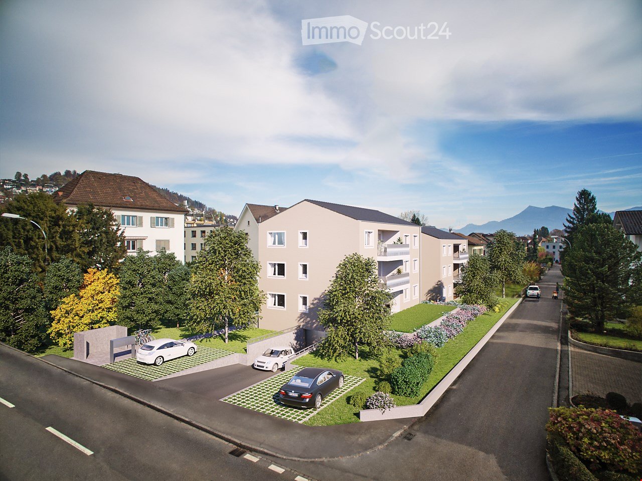 3-story residential building, modern design, beige exterior, multiple parking spots, trees and plants, central road, cars parked in front