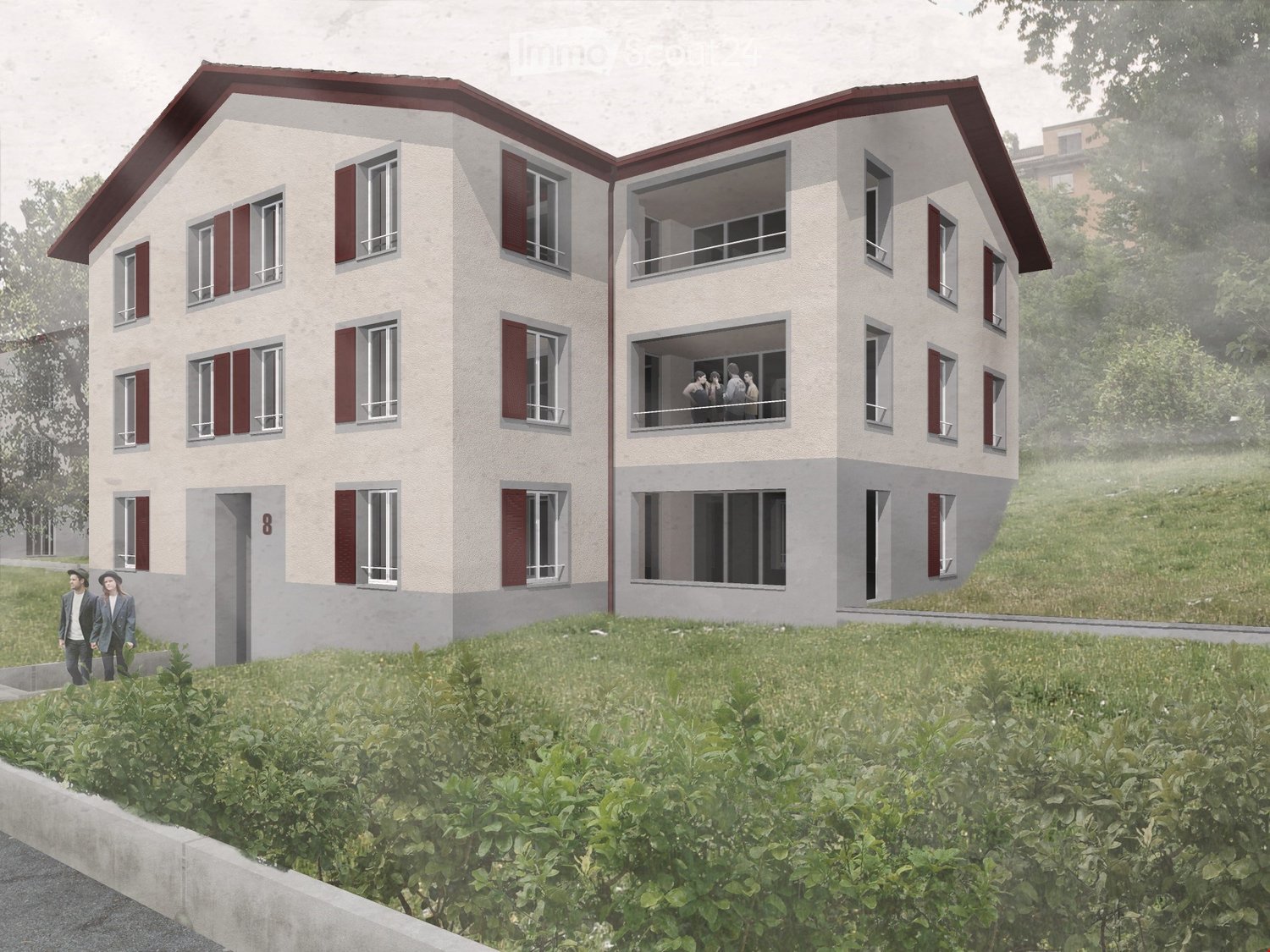 Two-story residential building with beige walls, red shutters, and a red roof. Features multiple windows and a balcony on the upper floor.