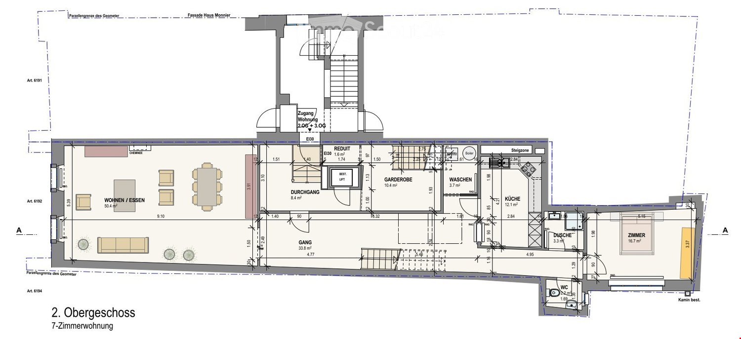 Floor plan of a 7-room apartment on the second floor, including living/dining area, kitchen, bedroom, bathroom, hallway, and storage areas.