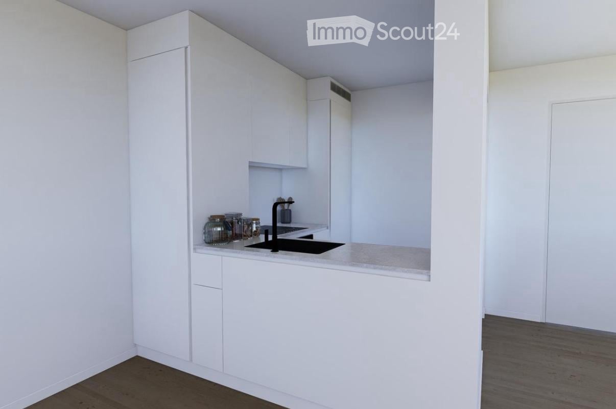 Modern kitchen with white cabinets, a black sink, and a countertop with jars and a small vase.