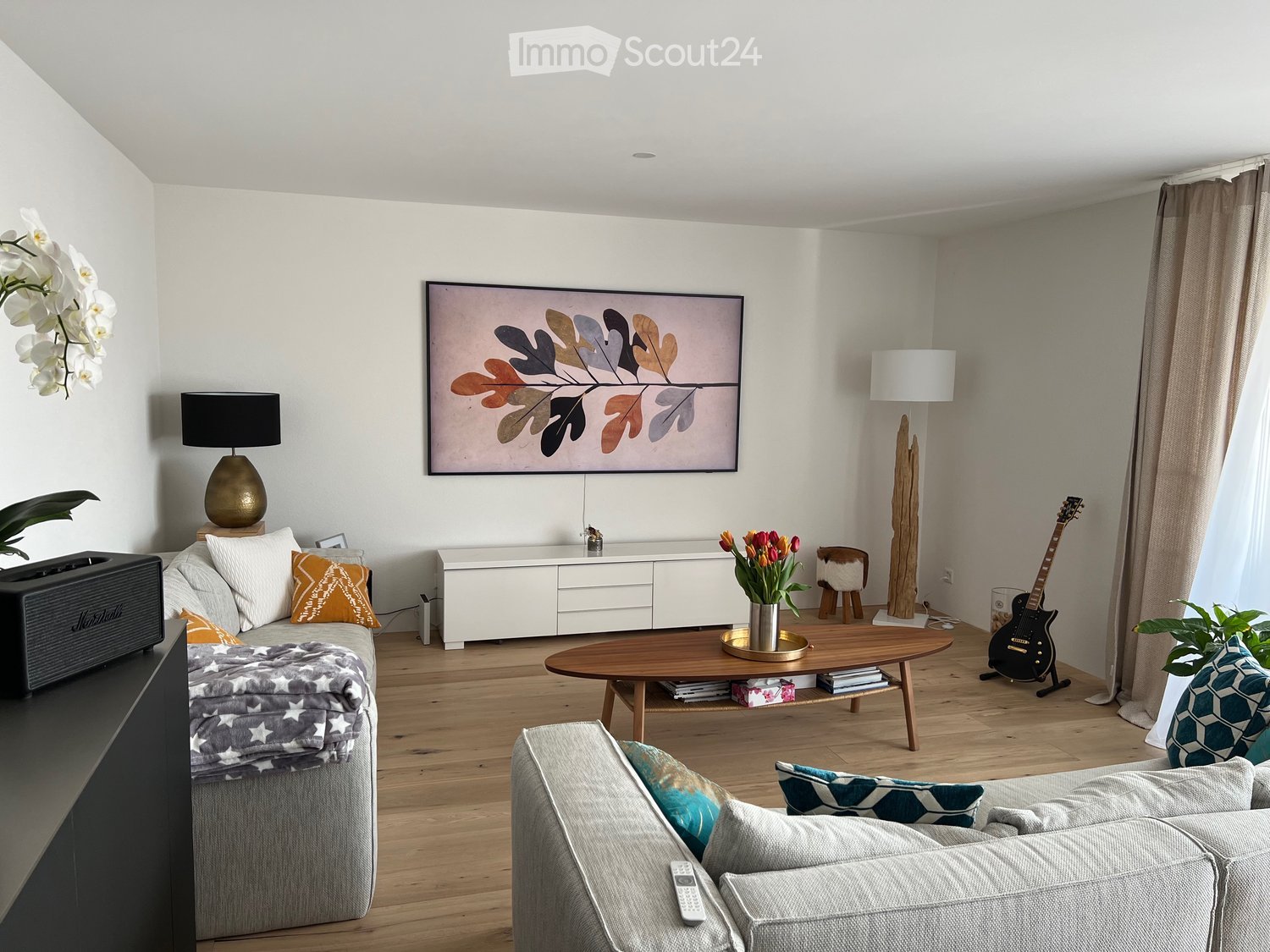 Living room with sofa, coffee table, TV, center table, speaker, white walls, flooring, plants, lamp, cabinet, artwork, remote control