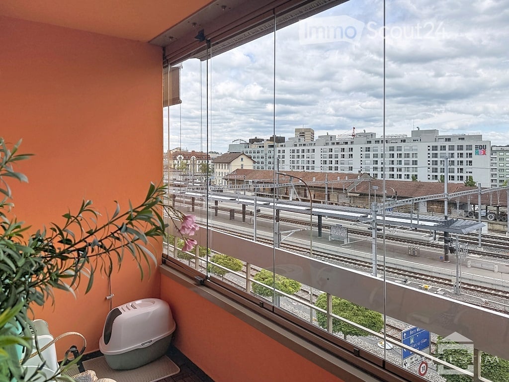 Bright room with large windows overlooking a train station and cityscape. Features a pet carrier and some indoor plants.