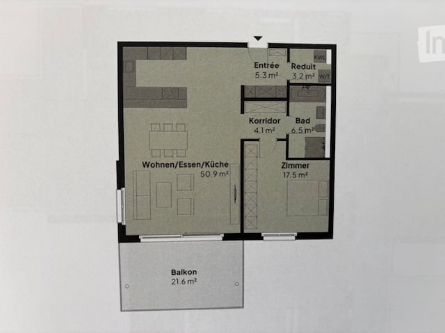Entrance, corridor, bathroom, living/dining/kitchen, bedroom, balcony