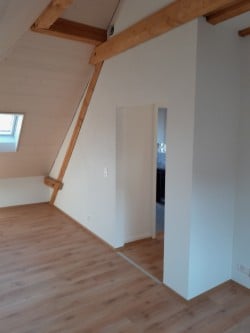 Bright, empty attic room with wooden floors, white walls, and exposed wooden beams. A small window and a white closet door are visible.
