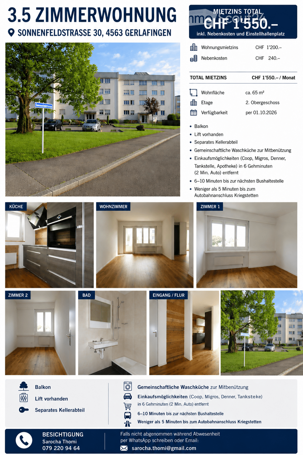 3.5-room apartment located at Sonnenfeldstrasse 30, 4563 Gerlafingen. The property features a balcony, lift, separate storage room, and shared laundry area. The apartment includes a kitchen, living room, two bedrooms, and a bathroom. The building is a two